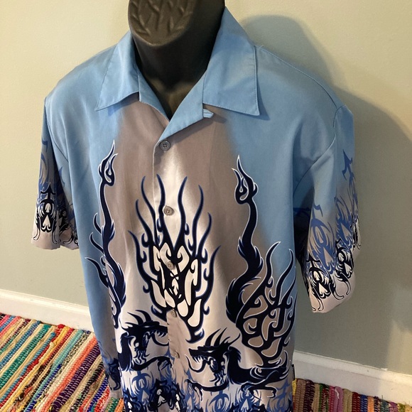 90s Dragon Fire Flames Geometric Button Shirt Polyester Medium - Picture 2 of 8